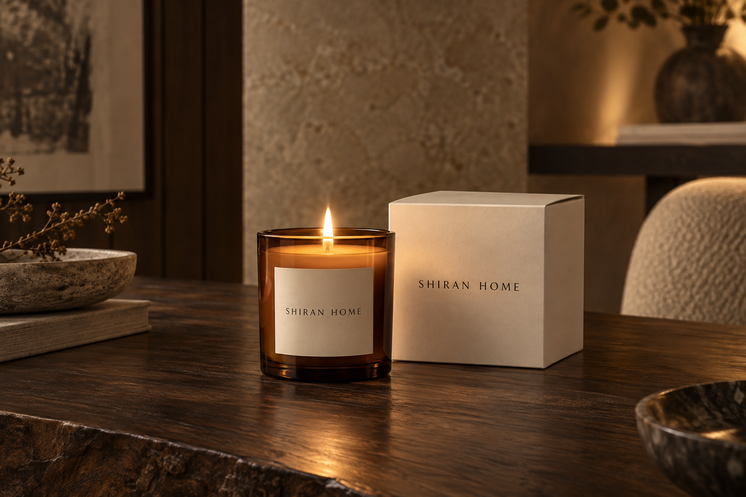 SHIRAN HOME amber candle and gift box in warm light